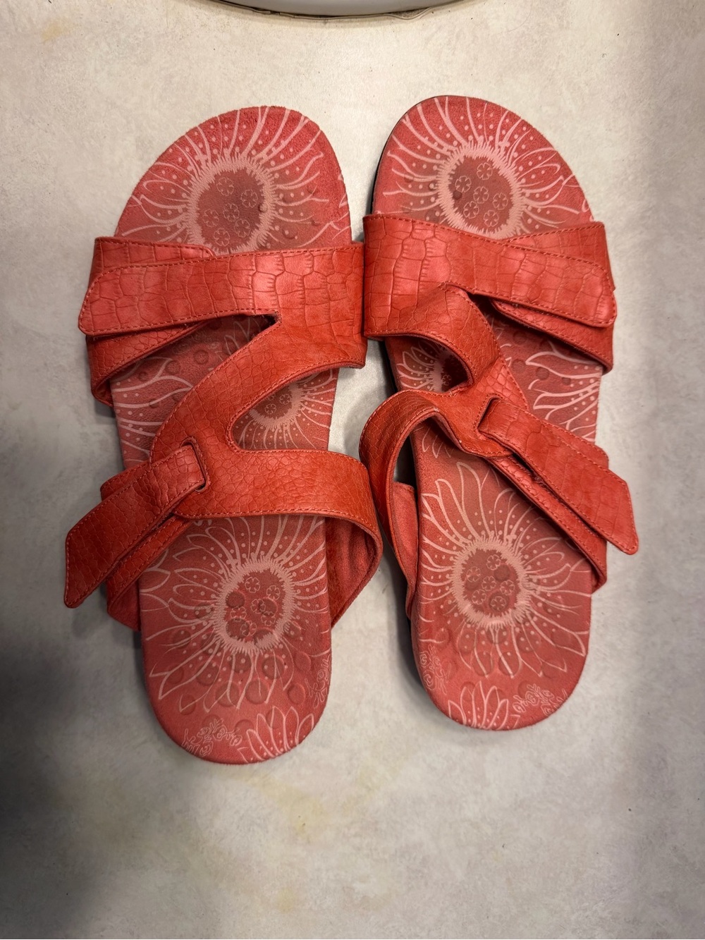 Vionic Coral-Red Floral Dual-Strap Adjustable Slide Sandals